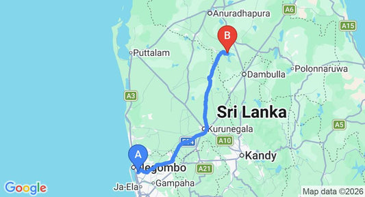 Driving route map: Colombo Airport (CMB) to Kala Wewa (149 km, approx 3 h 13 min private transfer)