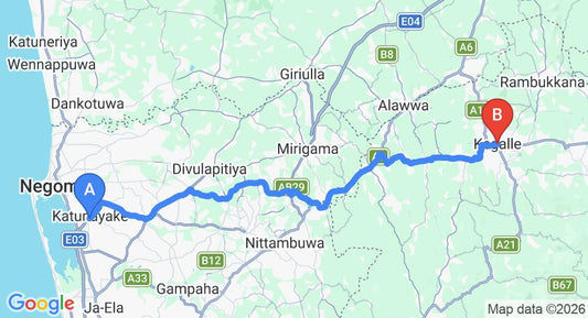 Driving route map: Colombo Airport (CMB) to Villa Amendra, Kegalle (65 km, approx 1 h 50 min private transfer)