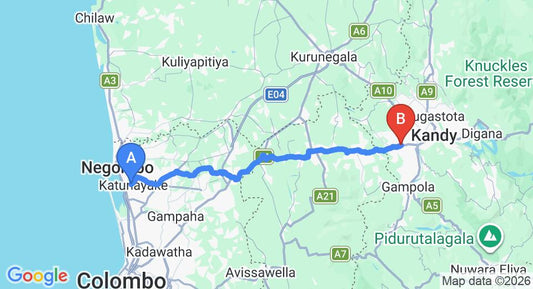 Driving route map: Colombo Airport (CMB) to Pilimatalawa (92 km, approx 2 h 38 min private transfer)