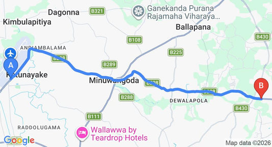 Driving route map: Colombo Airport (CMB) to The Covanro, Veyangoda (19 km, approx 38 min private transfer)
