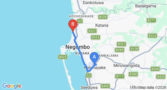 Driving route map: Colombo Airport (CMB) to Christima Residence, Negombo (13 km, approx 30 min private transfer)