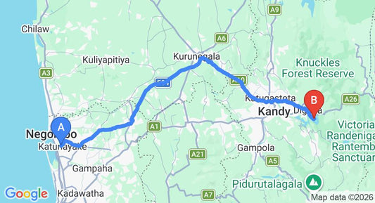 Driving route map: Colombo Airport (CMB) to Jan Peterson at Victoria Golf and Country Resort, Kandy (131 km, approx 3 h 23 min private transfer)