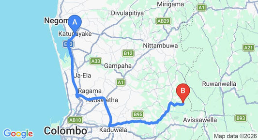 Driving route map: Colombo Airport (CMB) to Meethirigala (63 km, approx 1 h 24 min private transfer)