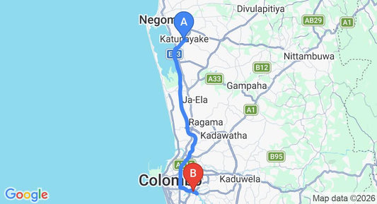 Driving route map: Colombo Airport (CMB) to Prime Wrendale Residencies, Colombo (37 km, approx 49 min private transfer)