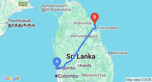 Driving route map: Colombo Airport (CMB) to Nilaveli Crystal Blue Hotel, Nilaveli (254 km, approx 5 h 14 min private transfer)