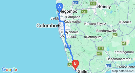 Driving route map: Colombo Airport (CMB) to Green Acres Heritage Bungalow, Galle (146 km, approx 2 h 17 min private transfer)