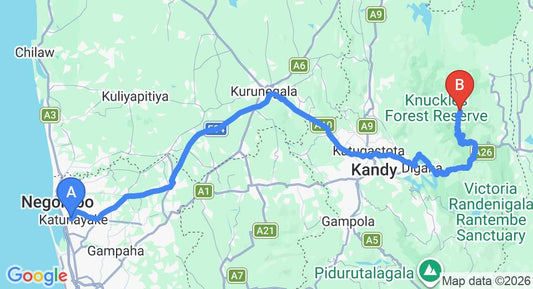 Driving route map: Colombo Airport (CMB) to Meemure (185 km, approx 5 h 23 min private transfer)