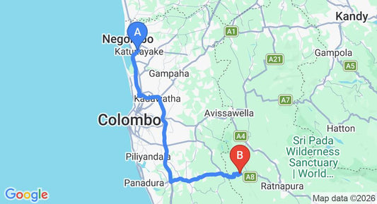 Driving route map: Colombo Airport (CMB) to Wijaya Holiday Resort, Kiriella (97 km, approx 1 h 55 min private transfer)