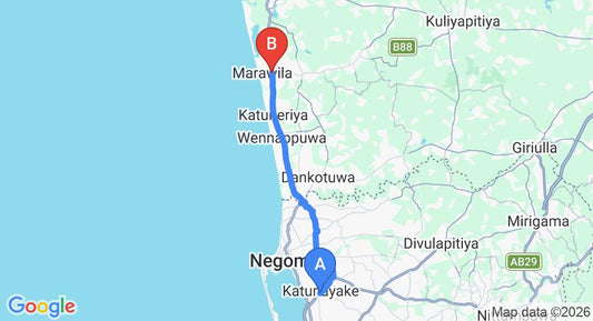 Driving route map: Colombo Airport (CMB) to Marawila (33 km, approx 59 min private transfer)