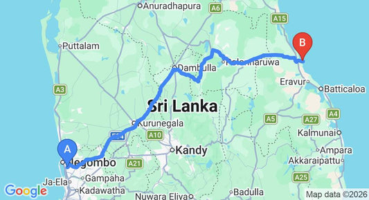 Driving route map: Colombo Airport (CMB) to Pasikuda (267 km, approx 5 h 28 min private transfer)