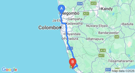 Driving route map: Colombo Airport (CMB) to Hotel Paradiso, Hikkaduwa (144 km, approx 2 h 9 min private transfer)