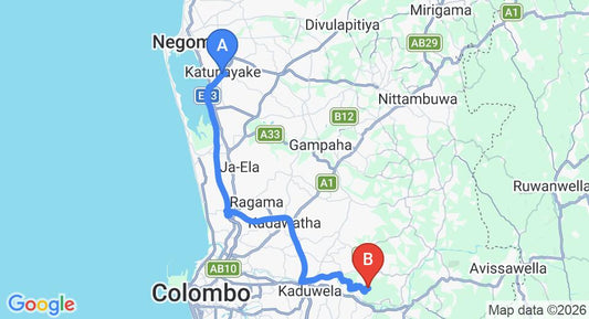 Driving route map: Colombo Airport (CMB) to Villa Divine Dwell, Kaduwela (48 km, approx 57 min private transfer)