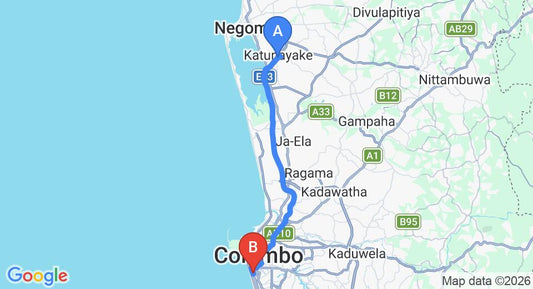 Driving route map: Colombo Airport (CMB) to Bambalapitiya (36 km, approx 49 min private transfer)