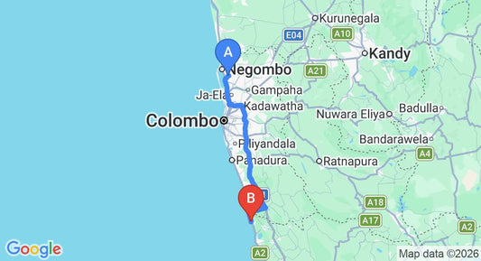 Driving route map: Colombo Airport (CMB) to Wasana Beach Hotel, Bentota (113 km, approx 1 h 48 min private transfer)