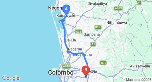 Driving route map: Colombo Airport (CMB) to Piyasa Home Stay, Malabe (41 km, approx 49 min private transfer)