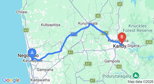 Driving route map: Colombo Airport (CMB) to RIVORICH RESIDENCE KANDY, Kandy (115 km, approx 2 h 52 min private transfer)