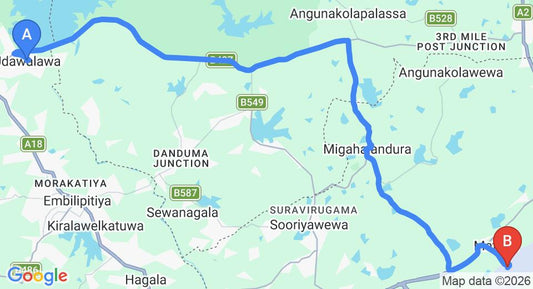 Driving route map: Udawalawe to Mattala (HRI) Airport (51 km, approx 1 h 0 min private transfer)