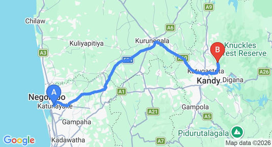 Driving route map: Colombo Airport (CMB) to Simpson's Forest Hotel, Kandy (123 km, approx 3 h 11 min private transfer)