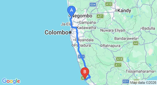 Driving route map: Colombo Airport (CMB) to Villa Chikera Hikkaduwa, Hikkaduwa (142 km, approx 2 h 5 min private transfer)