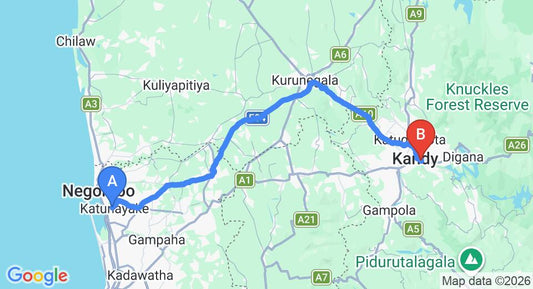 Driving route map: Colombo Airport (CMB) to Avora Hotel, Kandy (116 km, approx 2 h 56 min private transfer)
