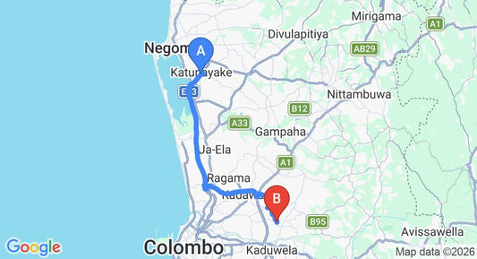 Driving route map: Colombo Airport (CMB) to Siyambalape (37 km, approx 48 min private transfer)