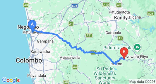 Driving route map: Colombo Airport (CMB) to Talawakelle (131 km, approx 4 h 1 min private transfer)