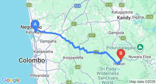 Driving route map: Colombo Airport (CMB) to Rosita Tea Plantation Bungalow, Kotagala (121 km, approx 3 h 44 min private transfer)
