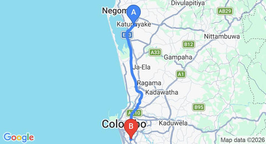Driving route map: Colombo Airport (CMB) to Sansu residencies, Colombo (35 km, approx 49 min private transfer)