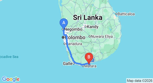 Driving route map: Colombo Airport (CMB) to Sethsiri Bungalow, Tangalle (215 km, approx 2 h 57 min private transfer)