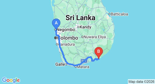 Driving route map: Colombo Airport (CMB) to Hotel Ceylon Heritage, Kirinda (296 km, approx 4 h 2 min private transfer)