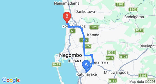 Driving route map: Colombo Airport (CMB) to Vaaya Beach Hotel, Negombo (18 km, approx 41 min private transfer)