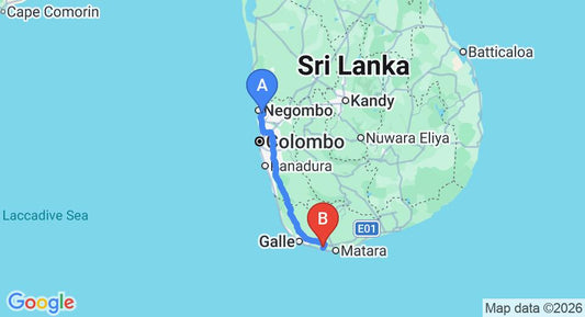 Driving route map: Colombo Airport (CMB) to Neptune Resort, Weligama (171 km, approx 2 h 22 min private transfer)