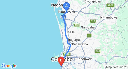 Driving route map: Colombo Airport (CMB) to Ashans Cozy Apartments, Colombo (37 km, approx 52 min private transfer)