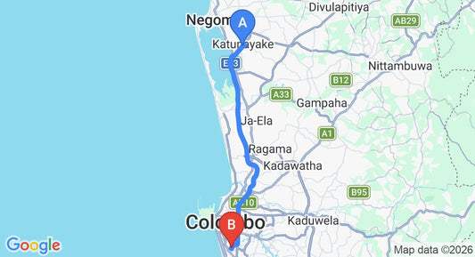 Driving route map: Colombo Airport (CMB) to Hideout Colombo, Colombo (36 km, approx 49 min private transfer)
