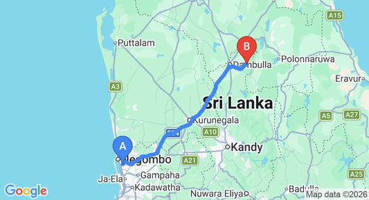Driving route map: Colombo Airport (CMB) to Gedara (146 km, approx 3 h 14 min private transfer)