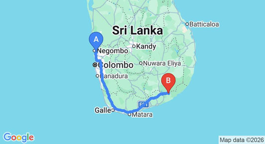 Driving route map: Colombo Airport (CMB) to Magampura Eco Village Resort, Tissamaharama (283 km, approx 3 h 44 min private transfer)