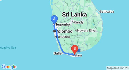 Driving route map: Colombo Airport (CMB) to Nilwella (204 km, approx 3 h 1 min private transfer)
