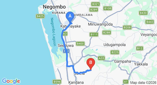 Driving route map: Colombo Airport (CMB) to Niwandama (19 km, approx 31 min private transfer)