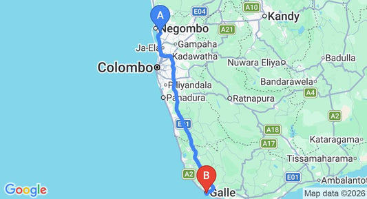 Driving route map: Colombo Airport (CMB) to Fort Bliss, Galle (153 km, approx 2 h 14 min private transfer)