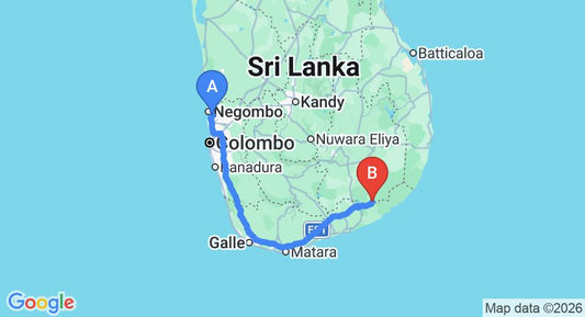 Driving route map: Colombo Airport (CMB) to Hotel Clauria, Kataragama (283 km, approx 3 h 43 min private transfer)