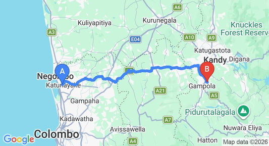 Driving route map: Colombo Airport (CMB) to Kandy Cabana Eco Resort, Gampola (105 km, approx 3 h 8 min private transfer)