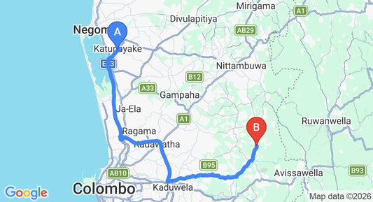 Driving route map: Colombo Airport (CMB) to Pepiliyawala (59 km, approx 1 h 18 min private transfer)