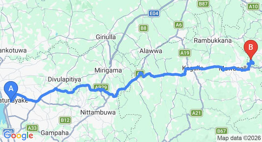 Driving route map: Colombo Airport (CMB) to Balana (88 km, approx 2 h 38 min private transfer)