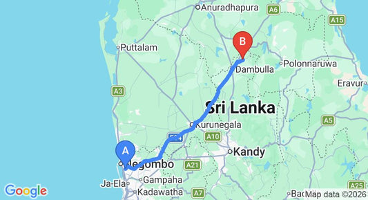 Driving route map: Colombo Airport (CMB) to Villa Yoho Lotus Eco Villa, Sigiriya (142 km, approx 3 h 5 min private transfer)