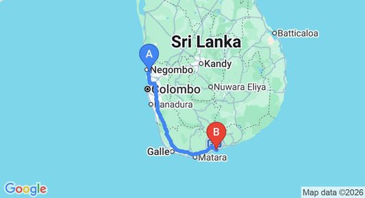 Driving route map: Colombo Airport (CMB) to The Lagoon House Rekawa, Tangalle (221 km, approx 2 h 58 min private transfer)