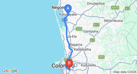 Driving route map: Colombo Airport (CMB) to Atrium - ICONIC APARMENT, Colombo (35 km, approx 48 min private transfer)