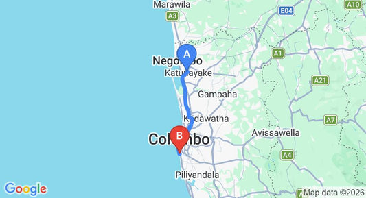 Driving route map: Colombo Airport (CMB) to W15 Colombo, Colombo (39 km, approx 57 min private transfer)