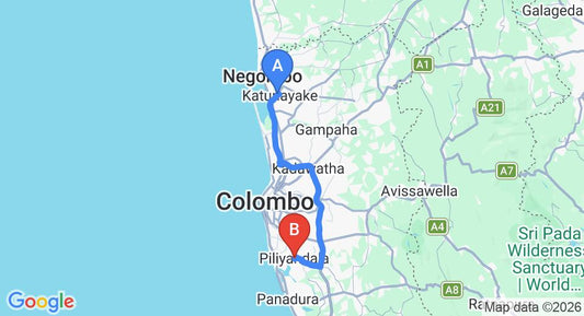 Driving route map: Colombo Airport (CMB) to Fern Breeze Resorts, Piliyandala (63 km, approx 1 h 6 min private transfer)