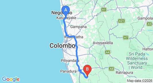 Driving route map: Colombo Airport (CMB) to The Secret Yala, Yala (77 km, approx 1 h 23 min private transfer)