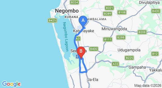 Driving route map: Colombo Airport (CMB) to Riverside Hotel, Negombo (17 km, approx 25 min private transfer)